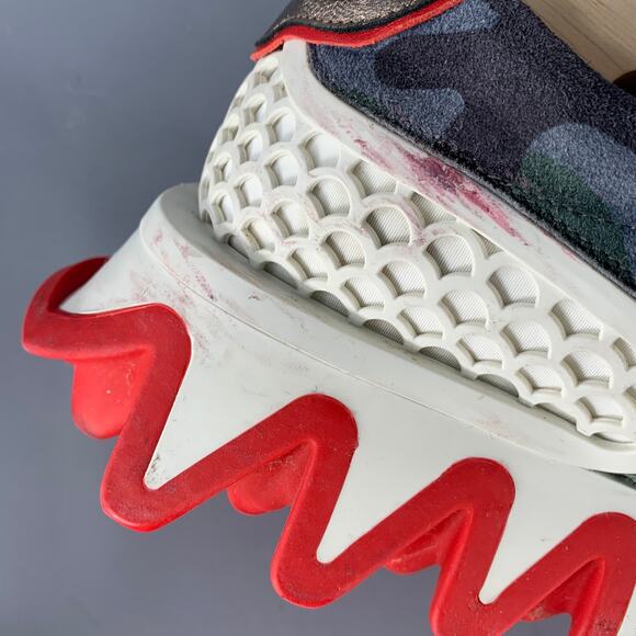 CHRISTIAN LOUBOUTIN Size 12 Green Blue Camouflage Suede Red Sole Sneakers - Picture 9 of 11